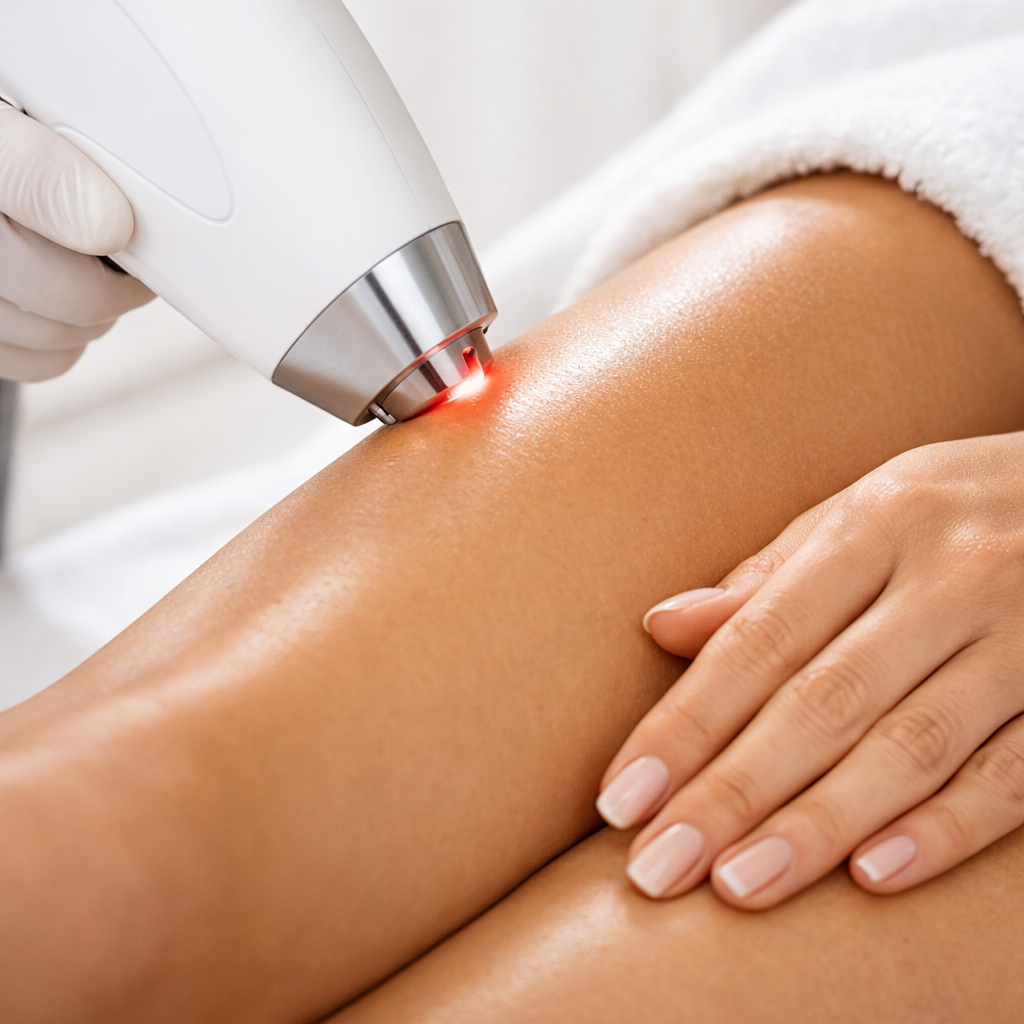 Laserbehandlung zur dauerhaften Haarentfernung am Bein mit moderner Technologie und hautschonender Anwendung